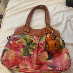 Floral Leather Tote Bag with Tan Leather Trim